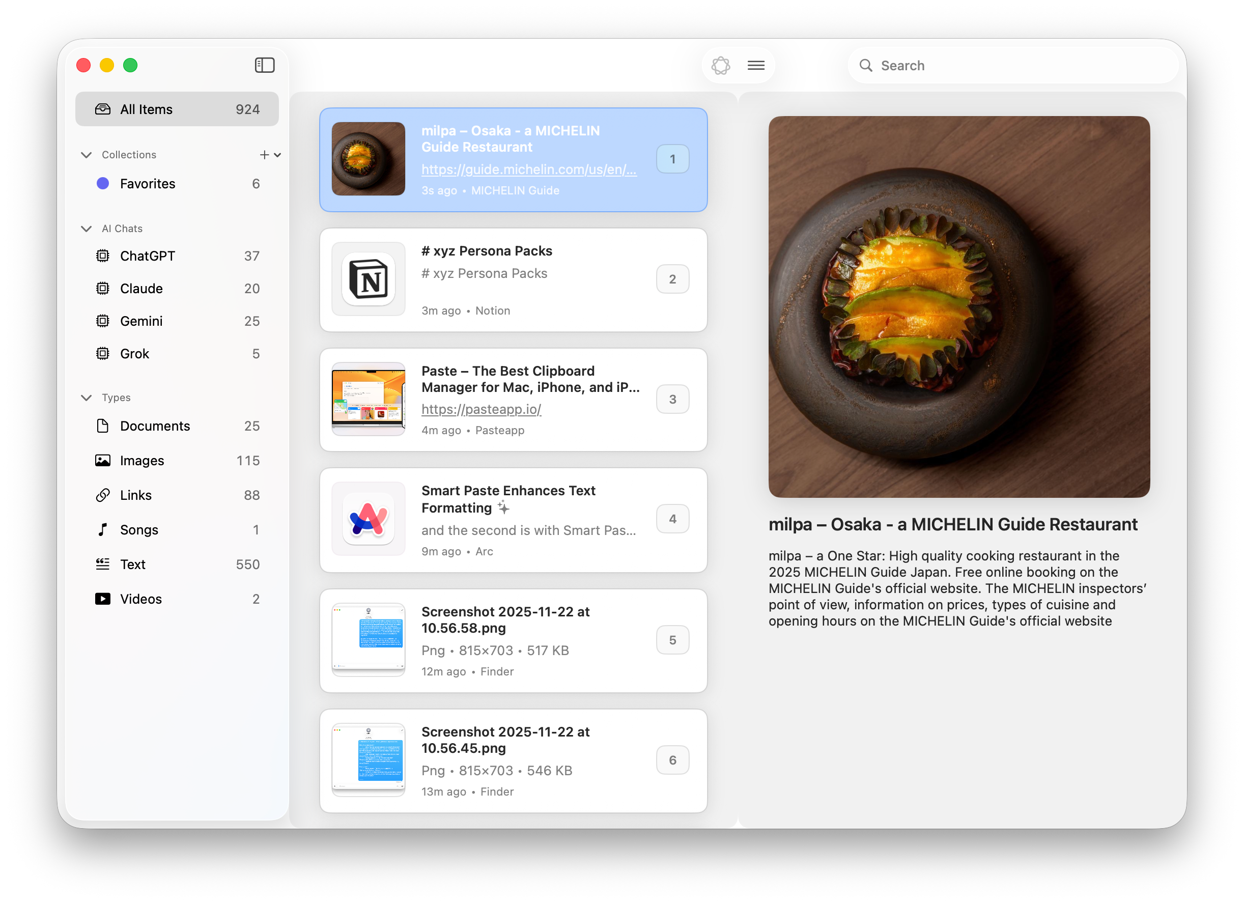 Kaleidoscope app showing clipboard history with AI chat collections