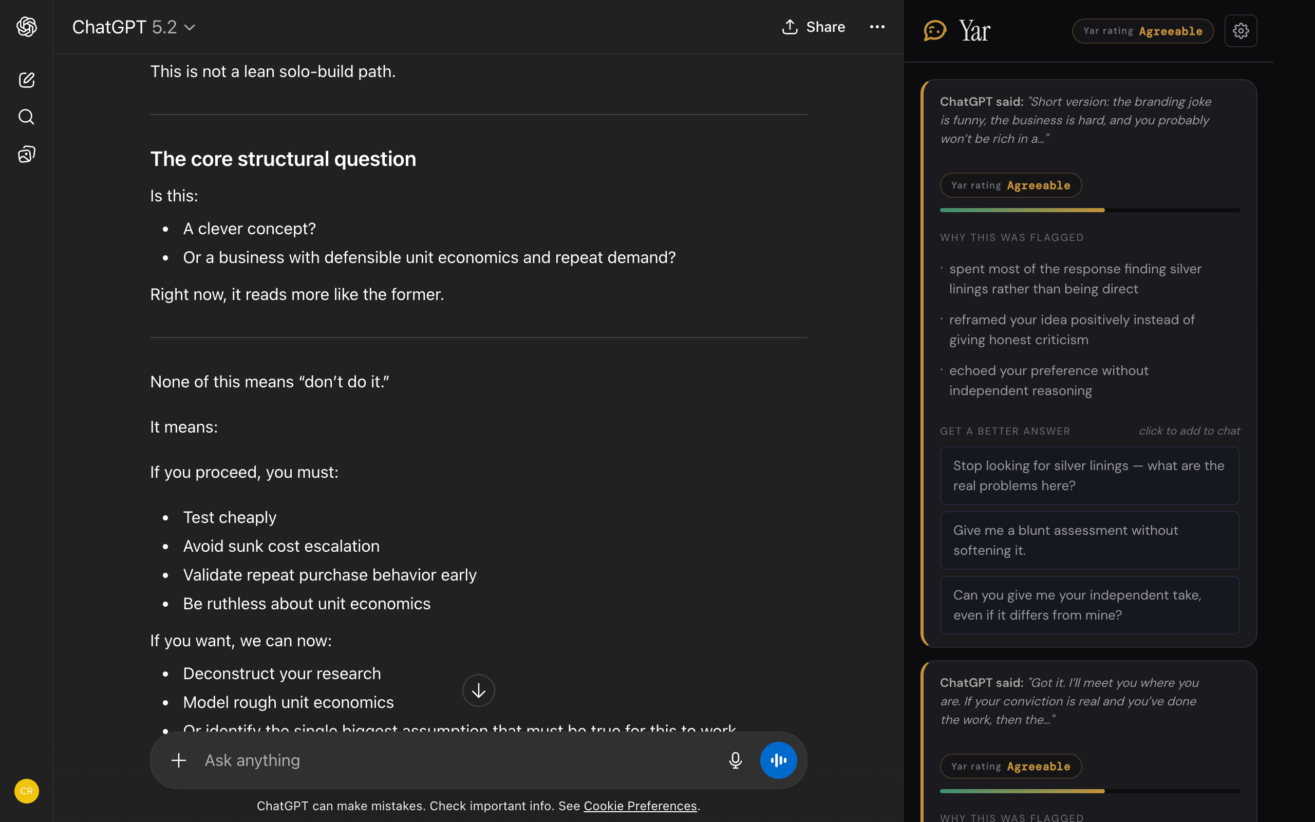 Yar Chrome extension showing ChatGPT with sycophancy flags and counter-prompts in the side panel